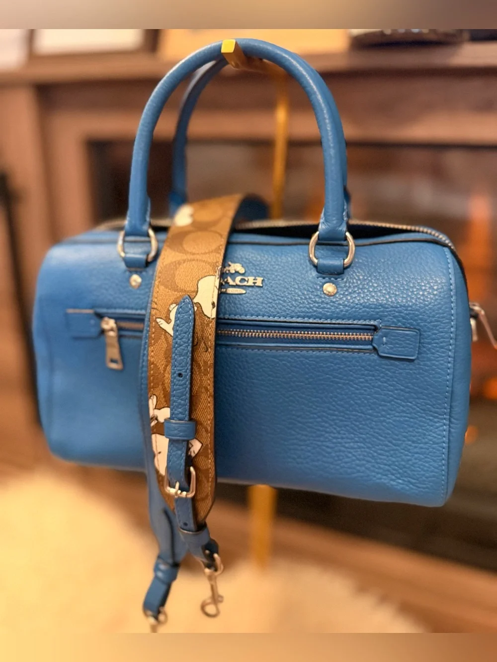 Coach x Peanuts Rowan Blue Leather Satchel with Signature Brown Snoopy Strap